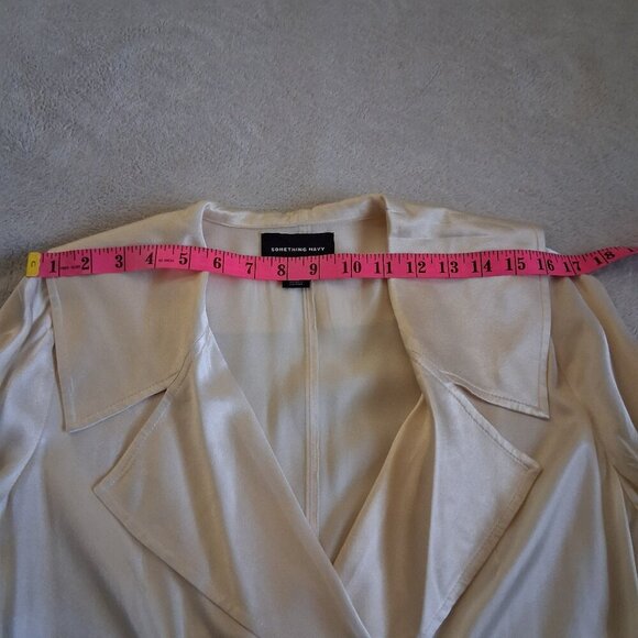 Something Navy NWT Women's S Ivory Grand Lapel Satin Long Trench Coat *FLAWS* - Picture 9 of 16